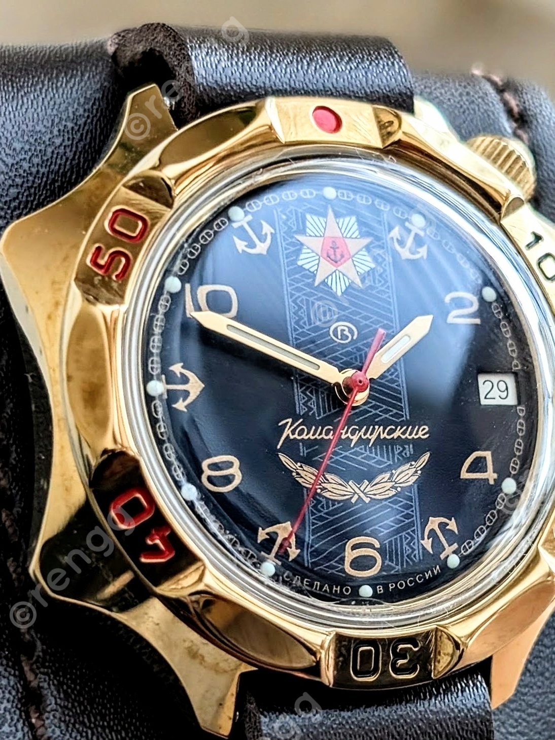 Gorgeous Vintage Vostok Ussr GoldTone Black Military Watch HandWinding 42mm